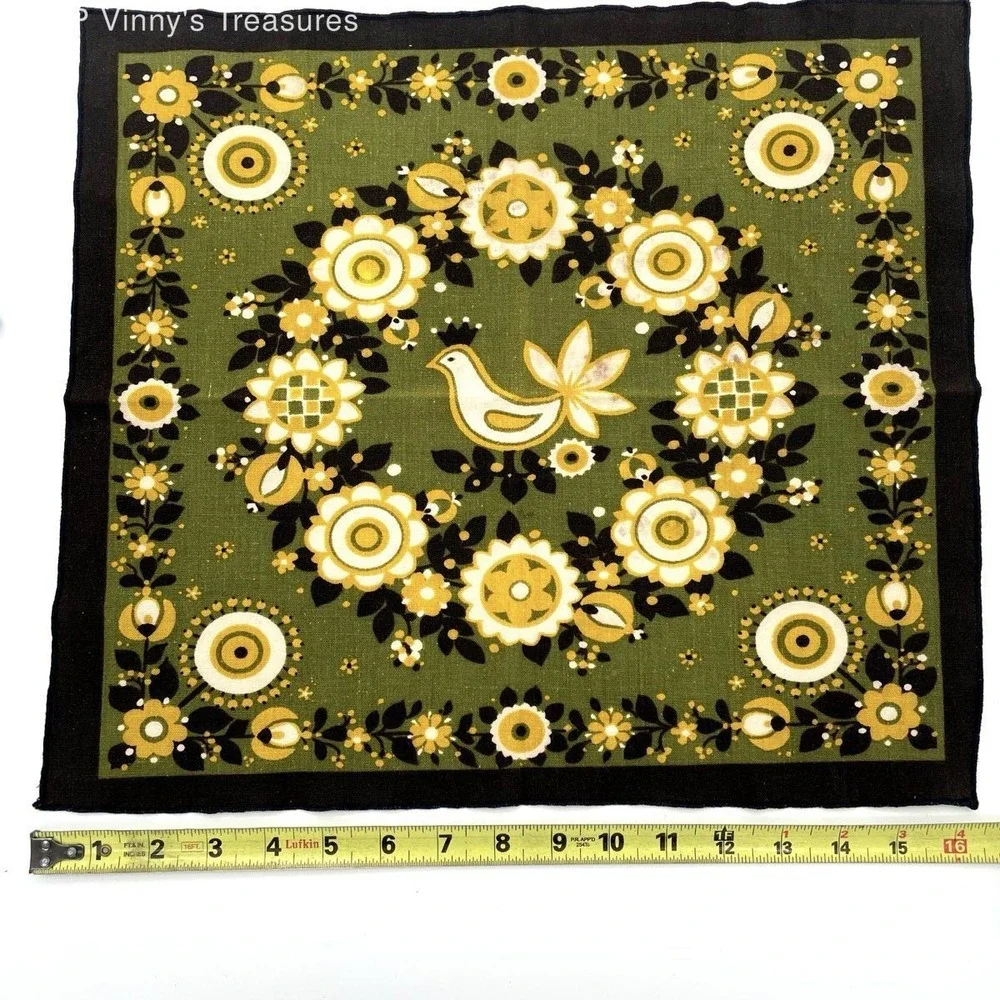 Vintage Mid Century Scandinavian Folk Art Floral Bird Linen Tea Towel